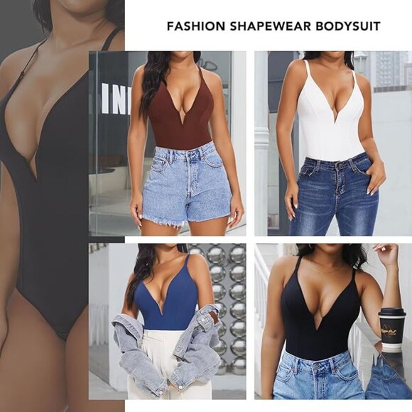SHAPERIN Women's Deep V Neck Bodysuit - Picture 4 of 5